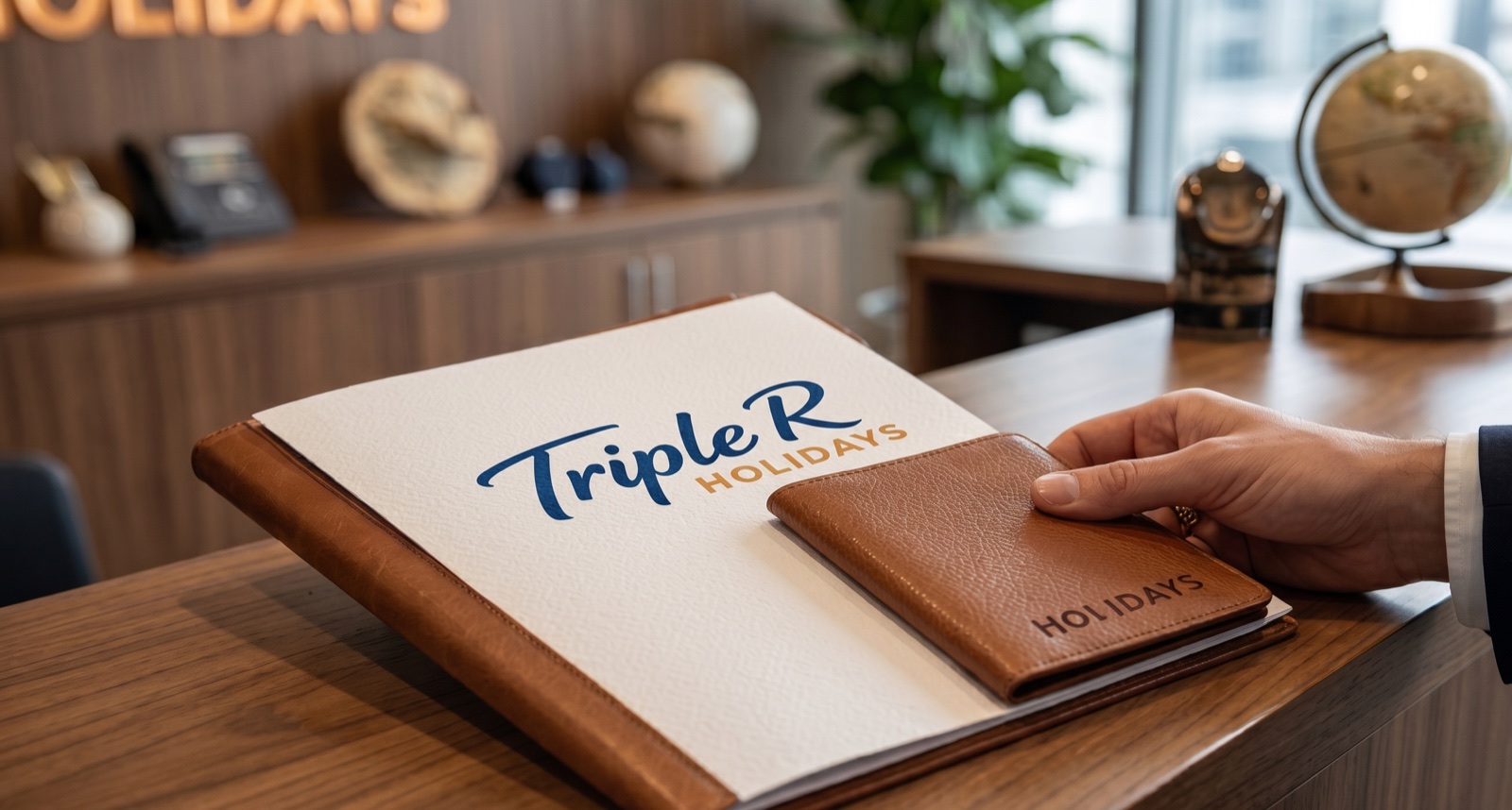 Triple R Holidays branded consultation folder in the company office